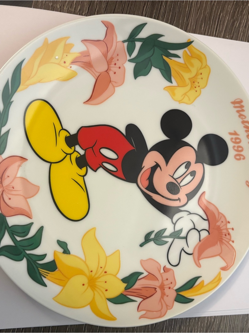 Collectible Decorative Mickey Mouse Floral Dinner Plate - Yellow & Pink